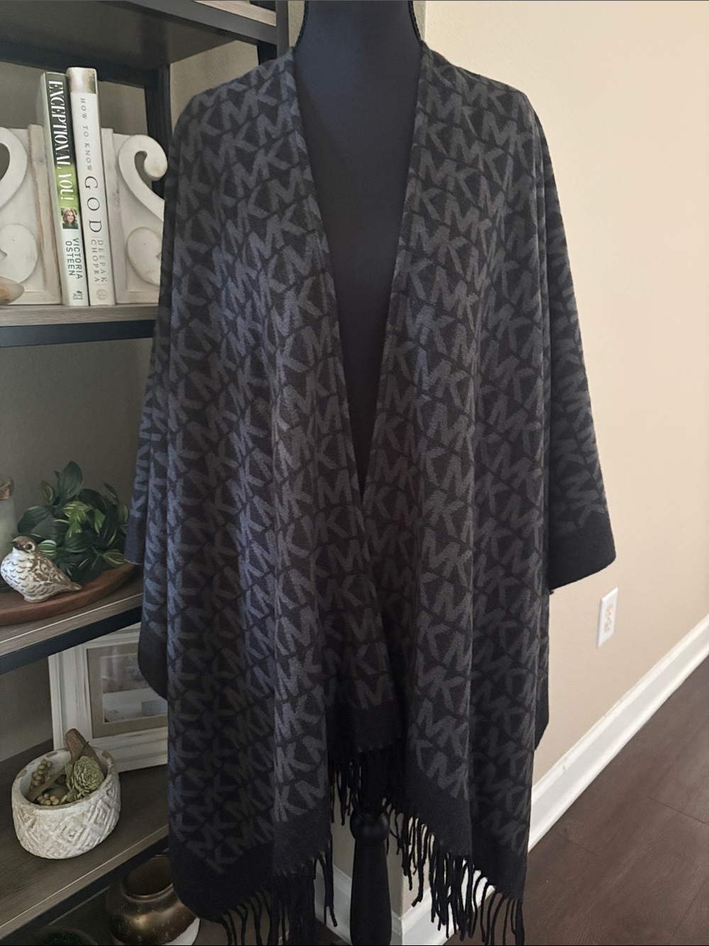 Michael Kors Black and Gray MK Logo Fringe Cape